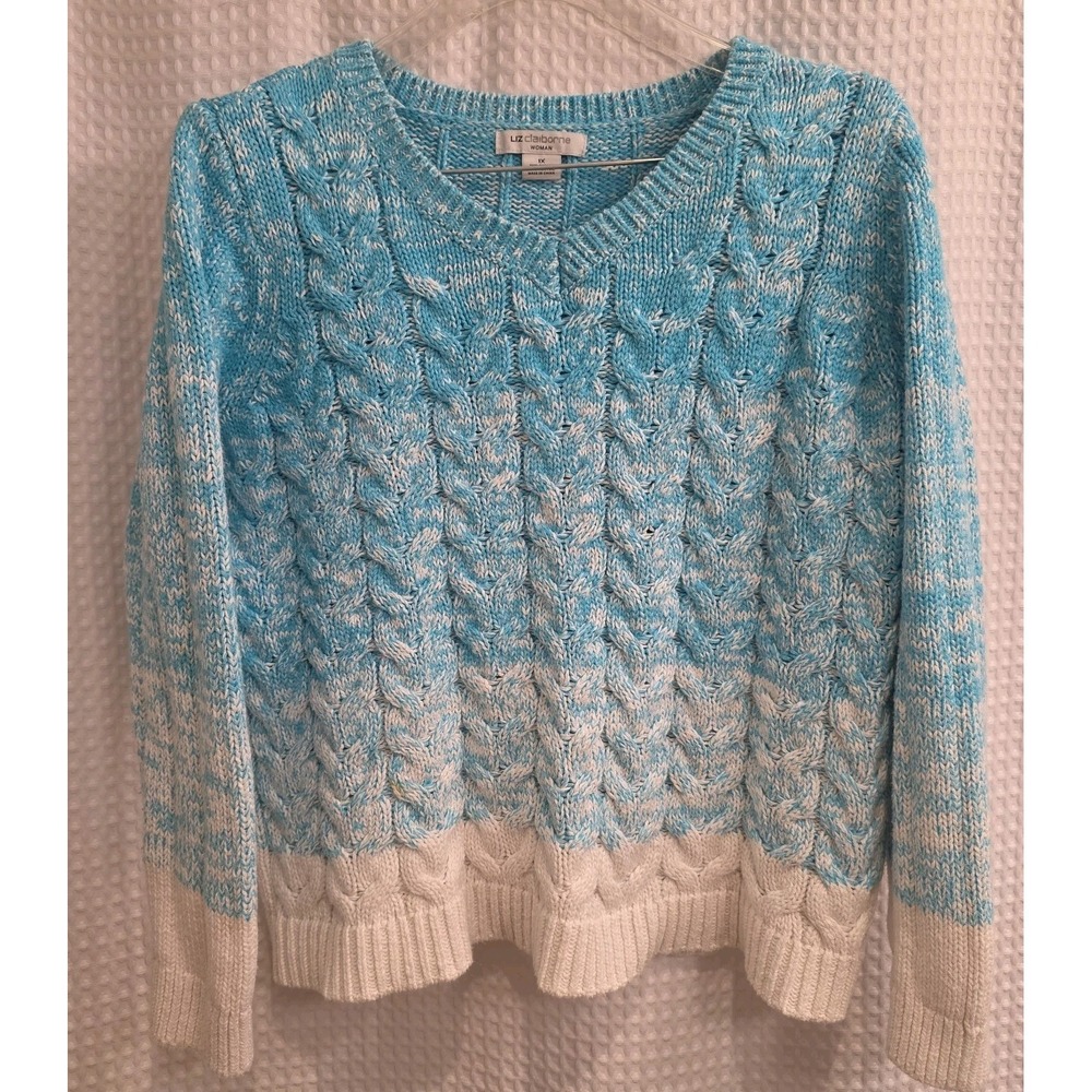 Liz Claiborne Sweater Size 1X Blue & White Ombra Pullover Long Sleeve Cotton